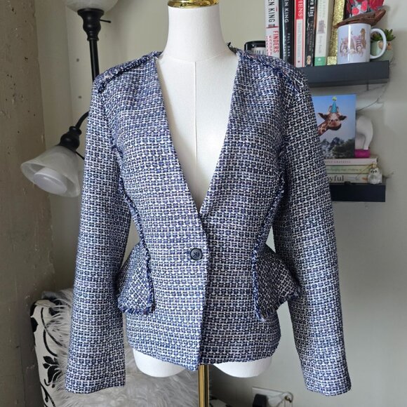 Banana Republic Blue & White Tweed Fringe Trim Single Button Blazer Jacket NWT - Picture 5 of 14